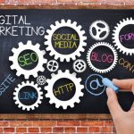 Digital marketing concept with spinning gears on blackboard